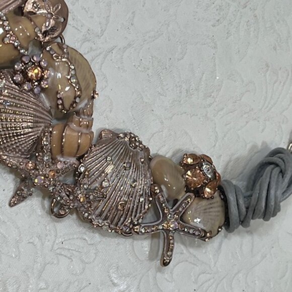 Beach Rose Gold Tone Ocean Shells Starfish Rhinestones Necklace Choker 18" - Picture 8 of 15